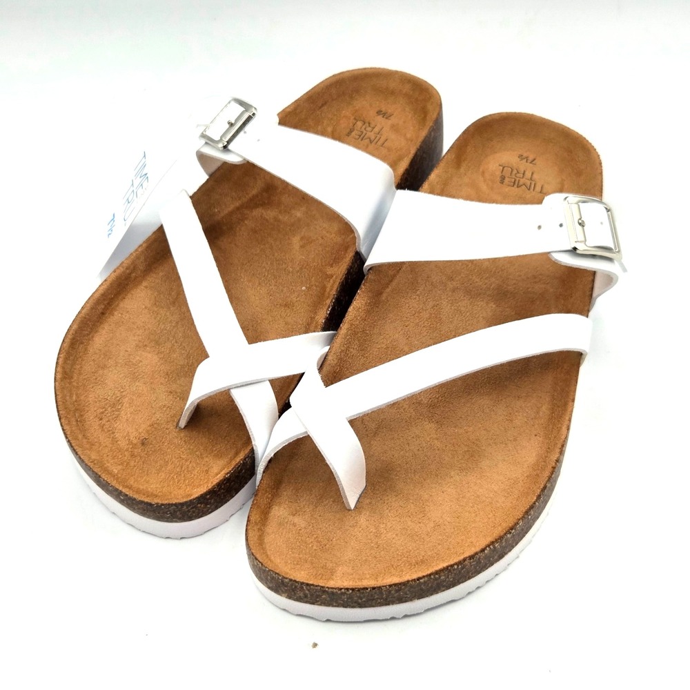 Asymmetrical White Sandals Cork Footbed Women's Size 7.5 Time and Tru NEW